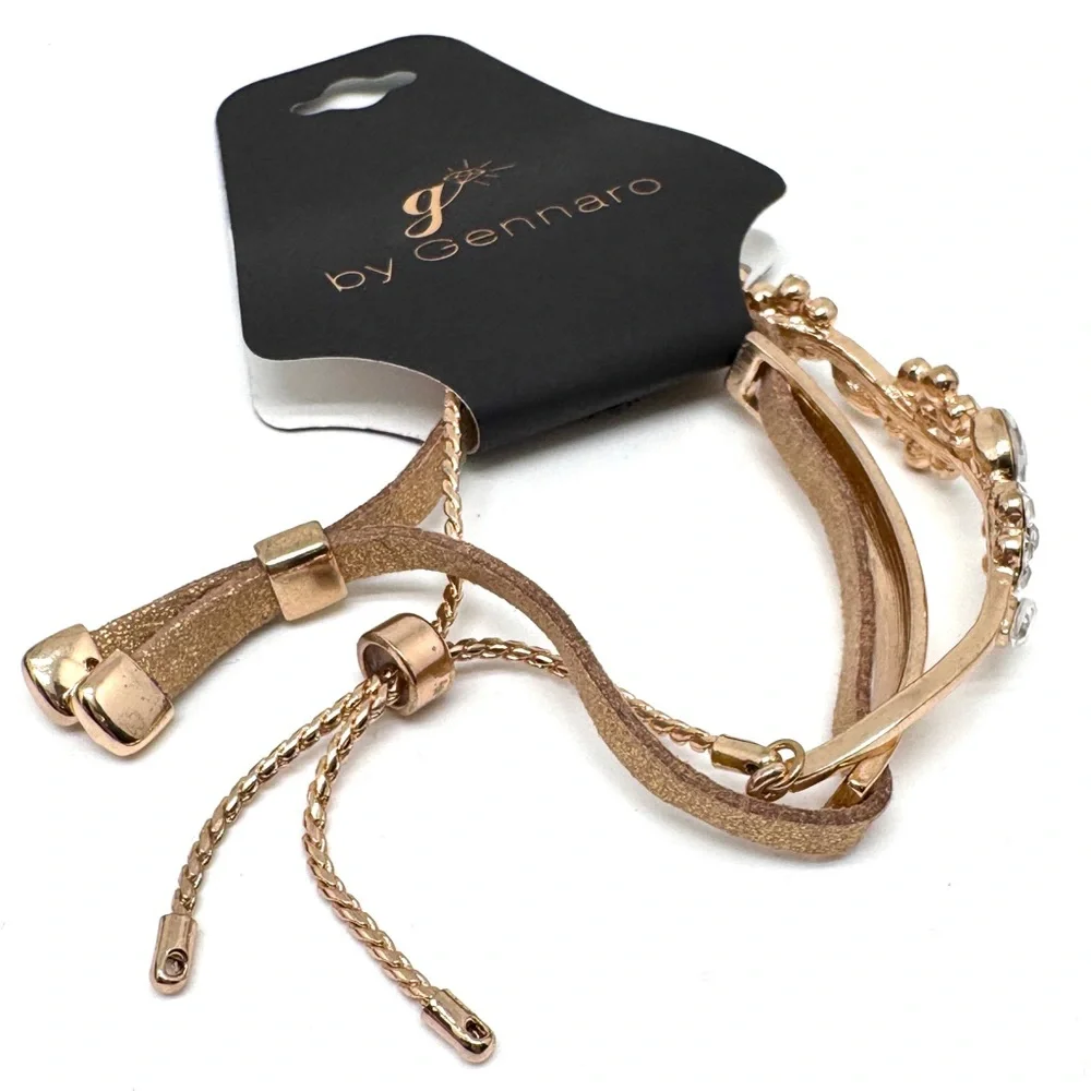 Gennaro Gold Tone Floral Crystal and Leather Bracelet Set